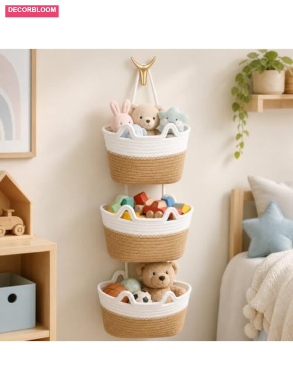 3-Tier Braided Storage Bag Over-Door Organizer with Cat Ear Design Wall Mount